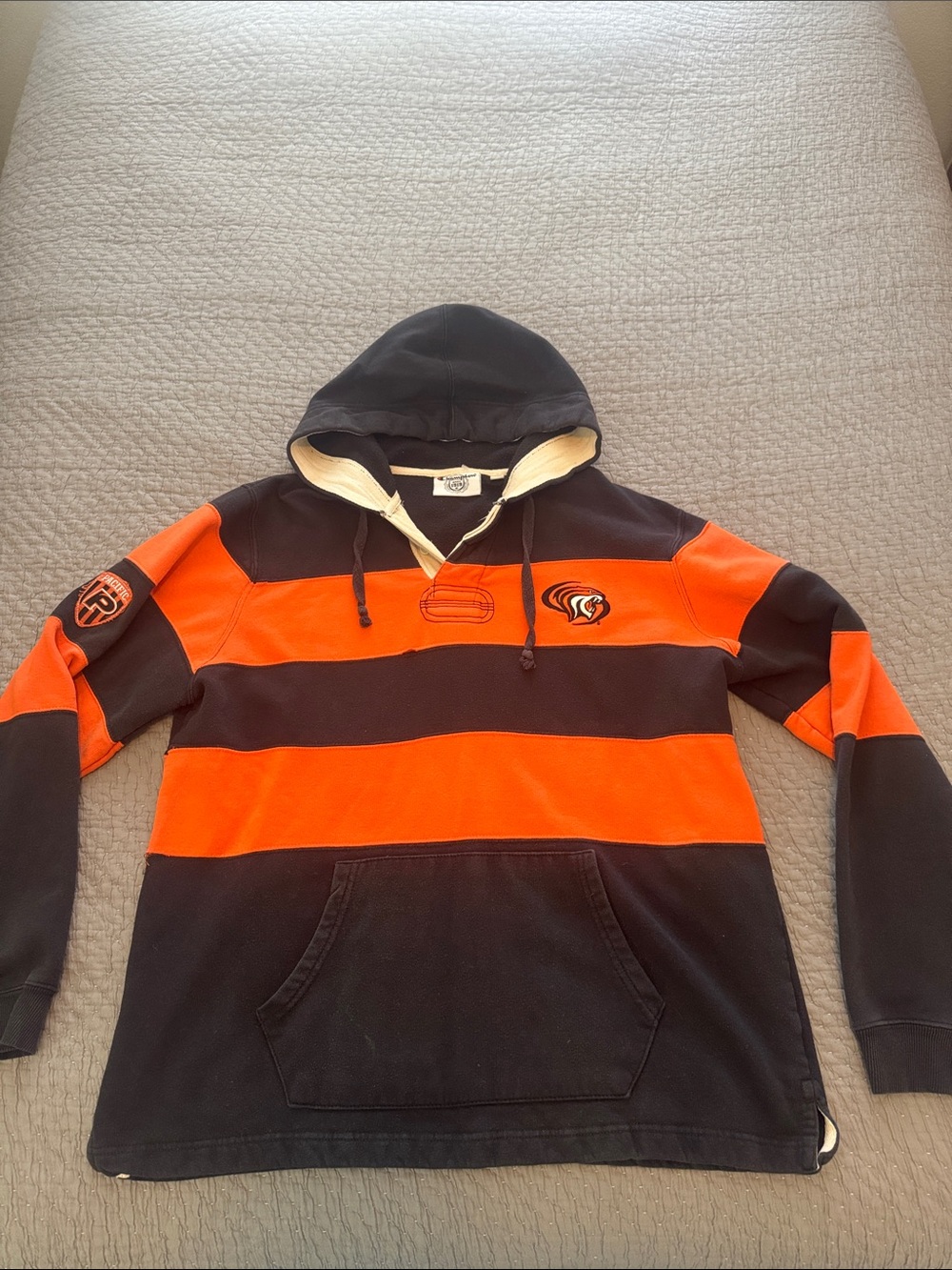 Vintage Champion Pacific University Striped Henley Hoodie Sweatshirt